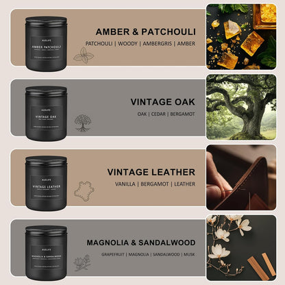 Scented Candles Set | Candle for Men, Soy Candles for Home Scented, Gifts for Men - Mens Gifts, 4 Pack Candle Gift for Dad Fathers Day (Leather/Vintage Oak/Amber Patchouli/Magnolia & Sandalwood)