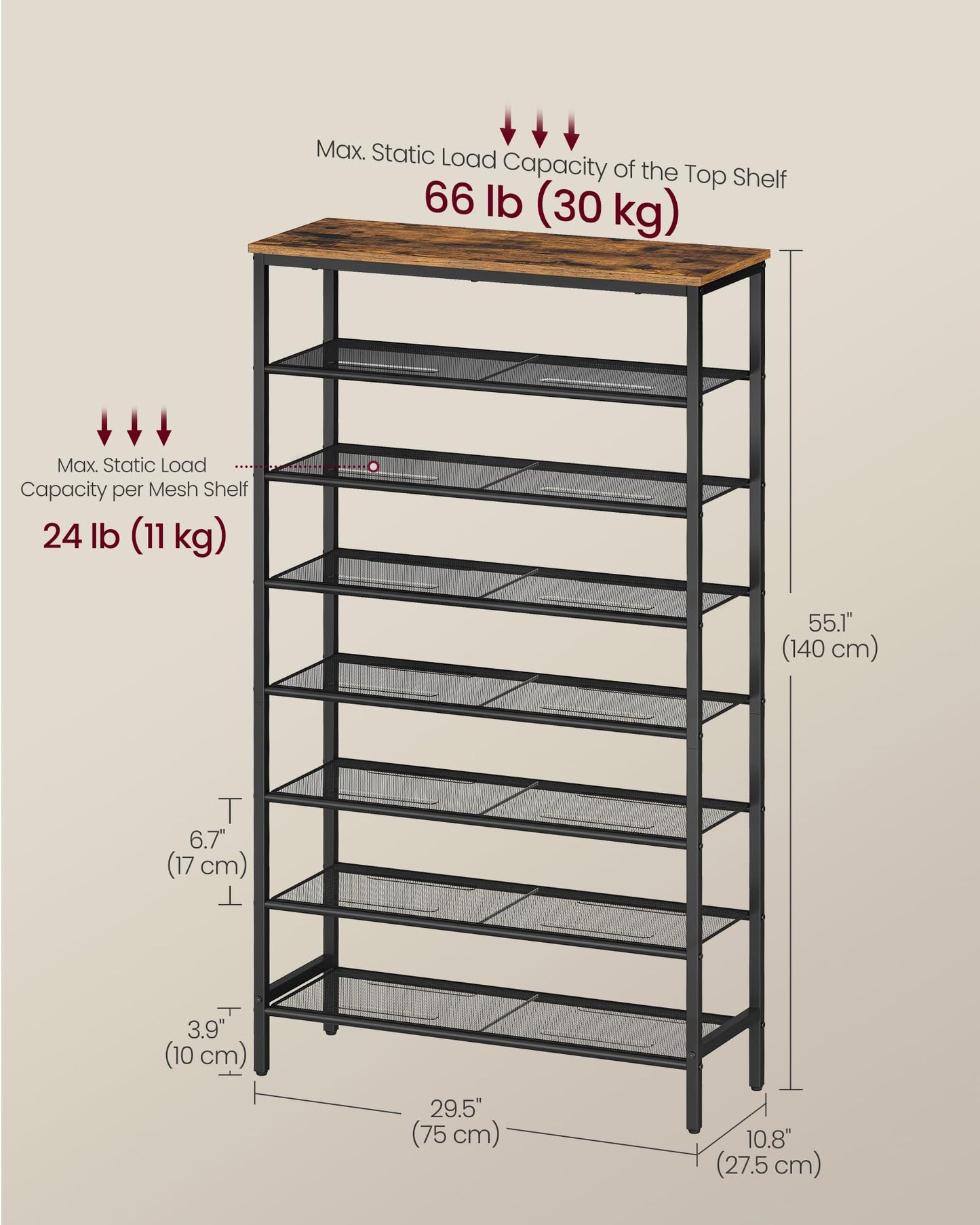 VASAGLE Shoe Rack with 7 Mesh Shelves and 1 Large Top for Bags, Steel Frame