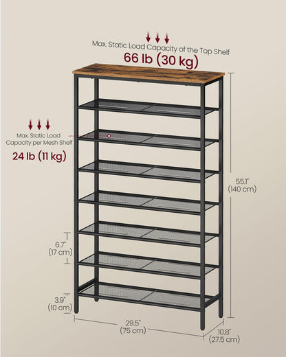VASAGLE Shoe Rack with 7 Mesh Shelves and 1 Large Top for Bags, Steel Frame