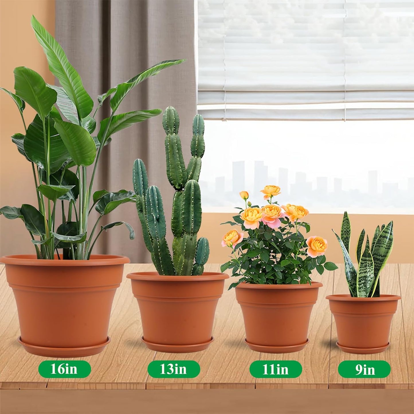 13 Inch Plastic-Flower-Pot-for-Indoor-Plants, 4 Pack Large Outdoor Planter Pot with Drainage Holes & Saucers, Resin Decorative Garden Pots Planters