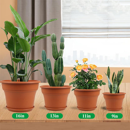 13 Inch Plastic-Flower-Pot-for-Indoor-Plants, 4 Pack Large Outdoor Planter Pot with Drainage Holes & Saucers, Resin Decorative Garden Pots Planters