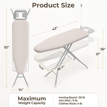 Yaheetech Ironing Board, Compact Iron Board with Cord Holder, Steam Iron Rest and Bottom Storage Tray, 9 Adjustable Heights & 3 Layer Cover, Folding Heavy Duty Ironing Board 52X14, Beige