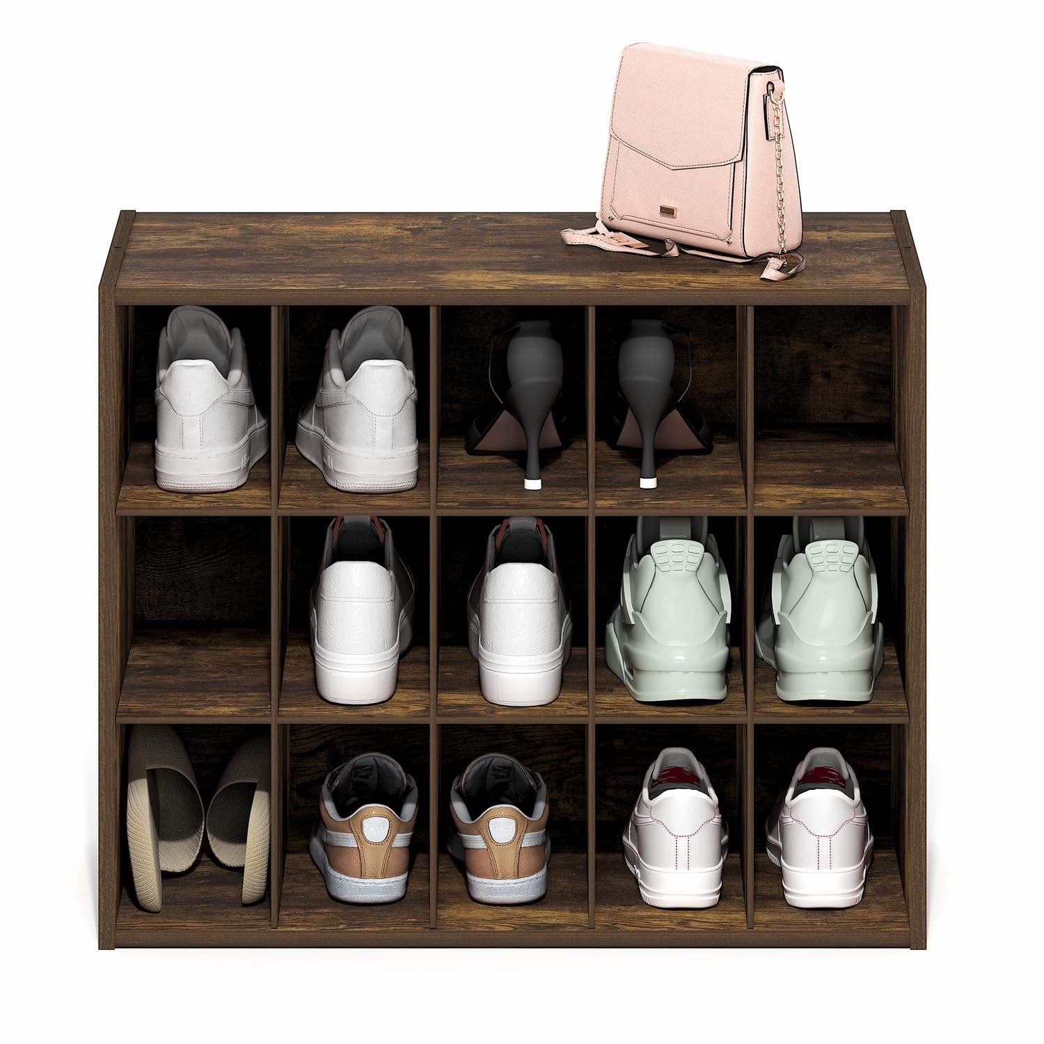 Furinno FANO 15-Cube Shoe Rack, Stackable Shoe Organizer, Amber Pine