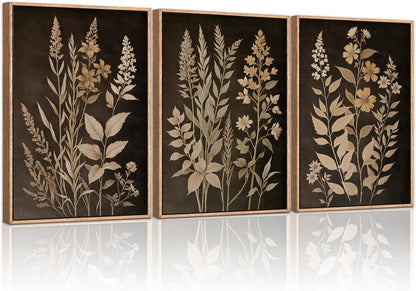 HLNIUC Vintage Botanical Fern Framed Canvas Wall Art Set,Black and Tan Plant Leaf Wall Decor,Netural Minimalist Herb Floral Art Print,Modern Farmhouse Wall Painting for Living Room,Bedroom - 16”x24”x3