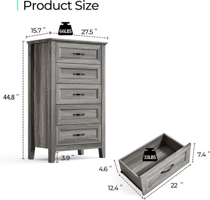 LINSY HOME Farmhouse 5-Drawer Dresser - Grey Chest of Drawers for Bedroom and Living Room Organization, Wood Dresser with Ample Storage Space and Rustic Charm
