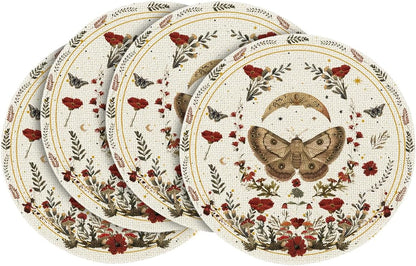 Artoid Mode Beige Poppy Moth Moon Round Placemats Set of 4, 14 Inch Floral Spring Round Table Mats for Party Kitchen Dining Decoration