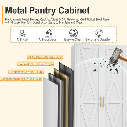 61" H Metal Kitchen Pantry Storage Cabinet, Freestanding Cupboard with 2 Doors and 3 Adjustable Shelves, Standing Storage for Kitchen, Bathroom, Garage, Dinning Room or Utility Room（White）