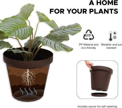 Elly Décor Set of 2 10 inch Round Saucer Modern Self Watering Planter Plates, Pots with Rattan-Like Finish, 10x10 chococlate Brown