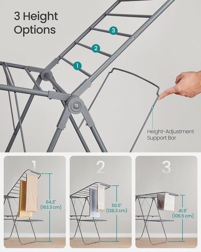 SONGMICS Clothes Drying Rack, Foldable 2-Level Laundry Drying Rack, Free-Standing Laundry Airer, with Height-Adjustable Wings, 33 Drying Rails, Sock Clips, Gray ULLR053G02V1