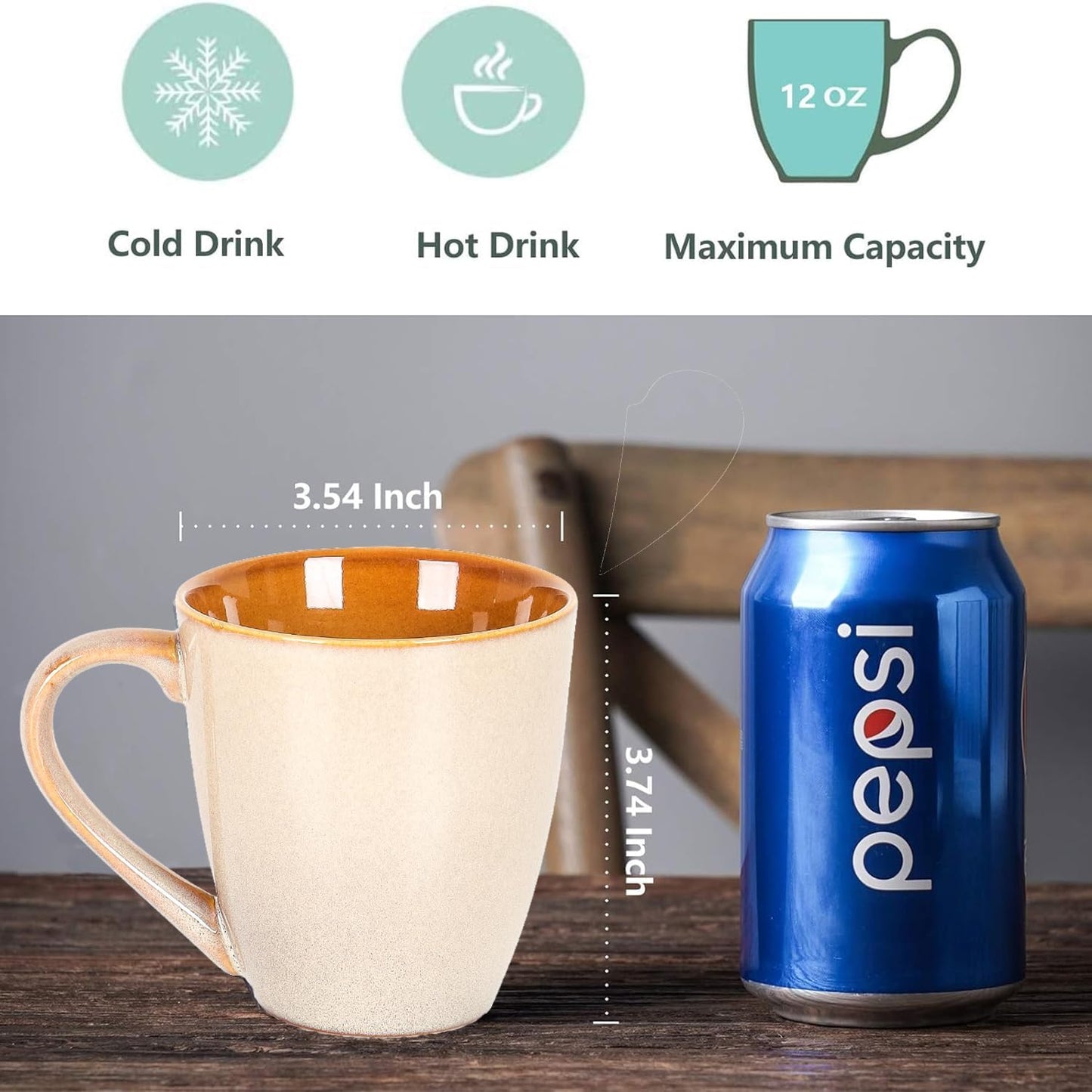 vicrays Coffee Mug Set, 12 Ounce, Set of 6, Ceramic Mug for Men, Women, Unique Glazed Mugs with Handle for Coffee, Tea, Milk, Cocoa, Cereal(Beige)