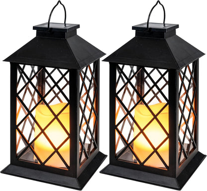 Homemory Solar Lanterns Outdoor Waterproof Hanging with Flickering Flameless Candles, 2 Pack 13'' Garden Outdoor Lantern Decorative for Patio Front Porch Backyard Balcony Cabin Outside Table(Black)