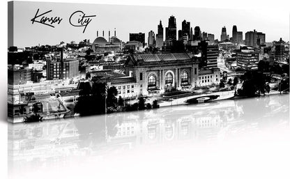 Pictures for Bedroom Black and White Wall Art Kansas City Panoramic Cityscape Skyline Canvas Art Prints for Living Room Office Home Decor Framed and Ready to Hang 13.8"x47.3"