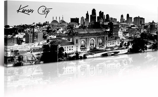Pictures for Bedroom Black and White Wall Art Kansas City Panoramic Cityscape Skyline Canvas Art Prints for Living Room Office Home Decor Framed and Ready to Hang 13.8"x47.3"