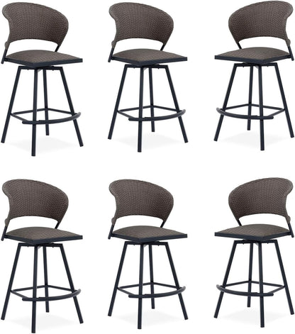 VICLLAX Patio Bar Stool Chairs with Footrests and Padded Seat, Bar Height Swivel Patio Chairs Set of 6, Brown Woven Wicker Swivel Bar Stools for Lawn Garden