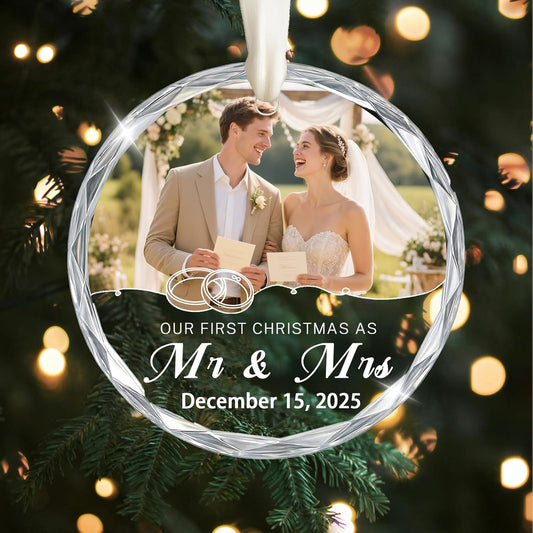 First Christmas Ornament 2025, Personalized Christmas Photo Crystal Glass Ornaments with Name or Date, Personalized Christmas Tree Decor Gifts for Family, Pet, Baby,or Newlyweds