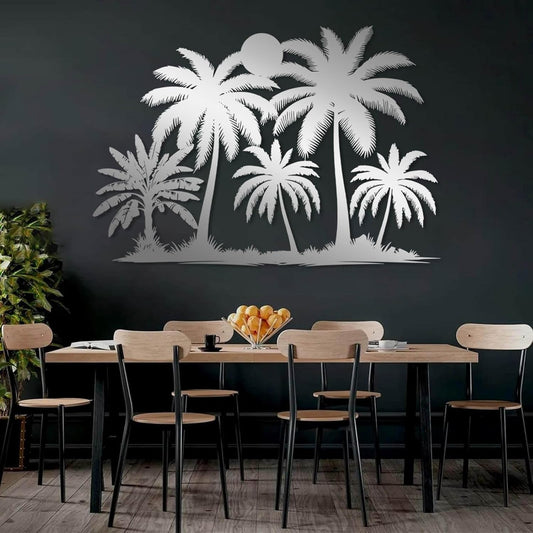 Tuglona Metal Palm Tree with Sunset Wall Decor, Tropical Palm Tree Metal Wall Art, Tropical Wall Decor, Sun Wall Art, Beach Wall Decoration, Coastal Trees Wall Hanging (Silver, 48"x33"/121x84cm)