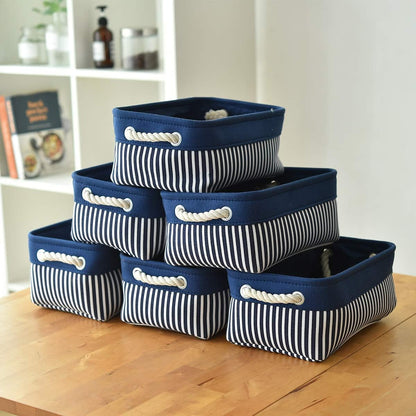 TcaFmac Small Storage Baskets [6 Pack] - Navy Blue Rectangular Storage Bins with Blue Stripes