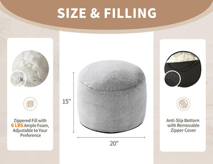Boho Ottoman Living Room Furniture 20"x15" Large Round Ottomans Pouf Couch Foot Rest Grey Pouf Ottoman Foot Rest with Foam Chunk Filling Pouffe Ottomans Stuffed Foot Rest Poufs for Couch