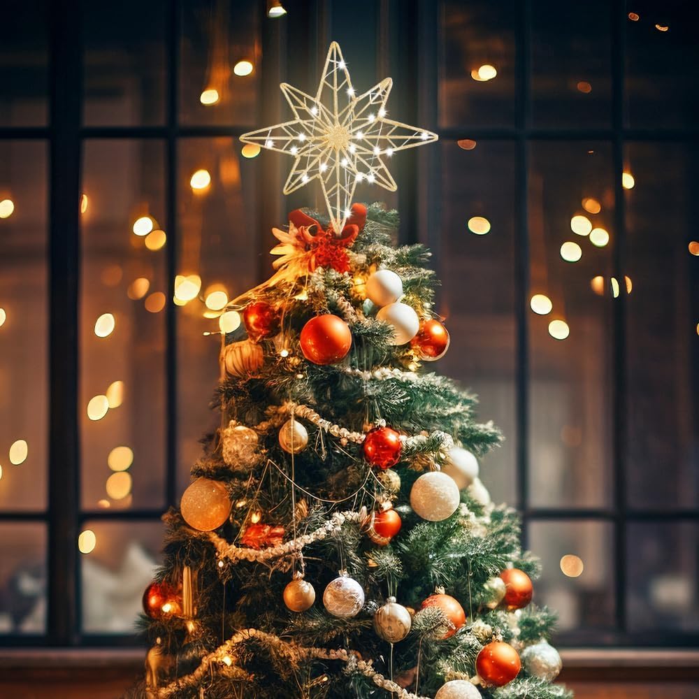 hogardeck Christmas Tree Topper, 11 Inches Lighted Gold Glittered 8-Point Star Tree Topper, 30 LED Sparkling Tree Toppers Christmas Decorations, Battery Powered Timer Xmas Treetop Star Decor