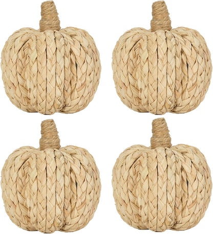 naturevibe 4.3 Inches Braided Cornhusk Pumpkin Decor Set of 4 as Centerpieces for Tables,Natural Corn Stalks Woven Pumpkins for Fall Home Decor,Thanksgiving Decorations or Autumn Harvest Gifts