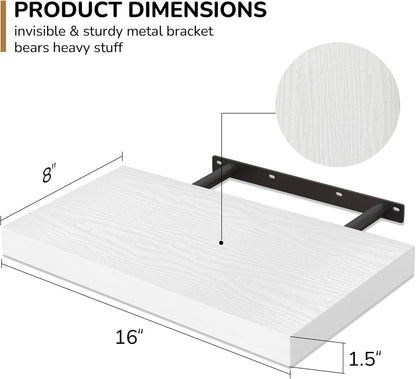 Fun Memories 16 Inch Floating Shelves - Deep Rustic White Wooden Wall Shelves - Extra Deeper & Thicker Wall Mounted Storage Shelf for Bedroom, Kitchen, Farmhouse - 2 Pack, Rustic White