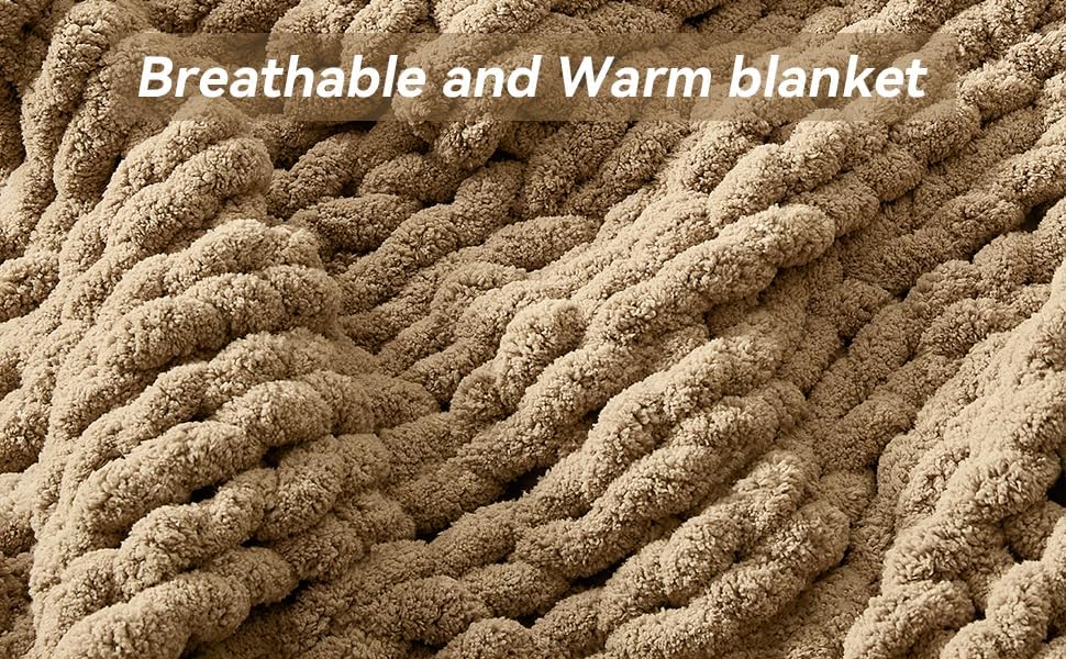 Chunky Knit Throw Blanket, 60''*80'' Knitted Throw Chenille Yarn for Bed Couch, Handmade Light Brown Crochet Big Thick Blanket, Machine Washable Cute Comfy Blanket for Home Decor