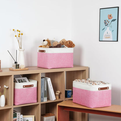 DULLEMELO Storage Baskets for Organizing, Shelves,Bedroom, Decorative Storage Bins with Faux Leather Handles, Fabric Storage Basket for Office, Toys(3-Pack, White&Pink)