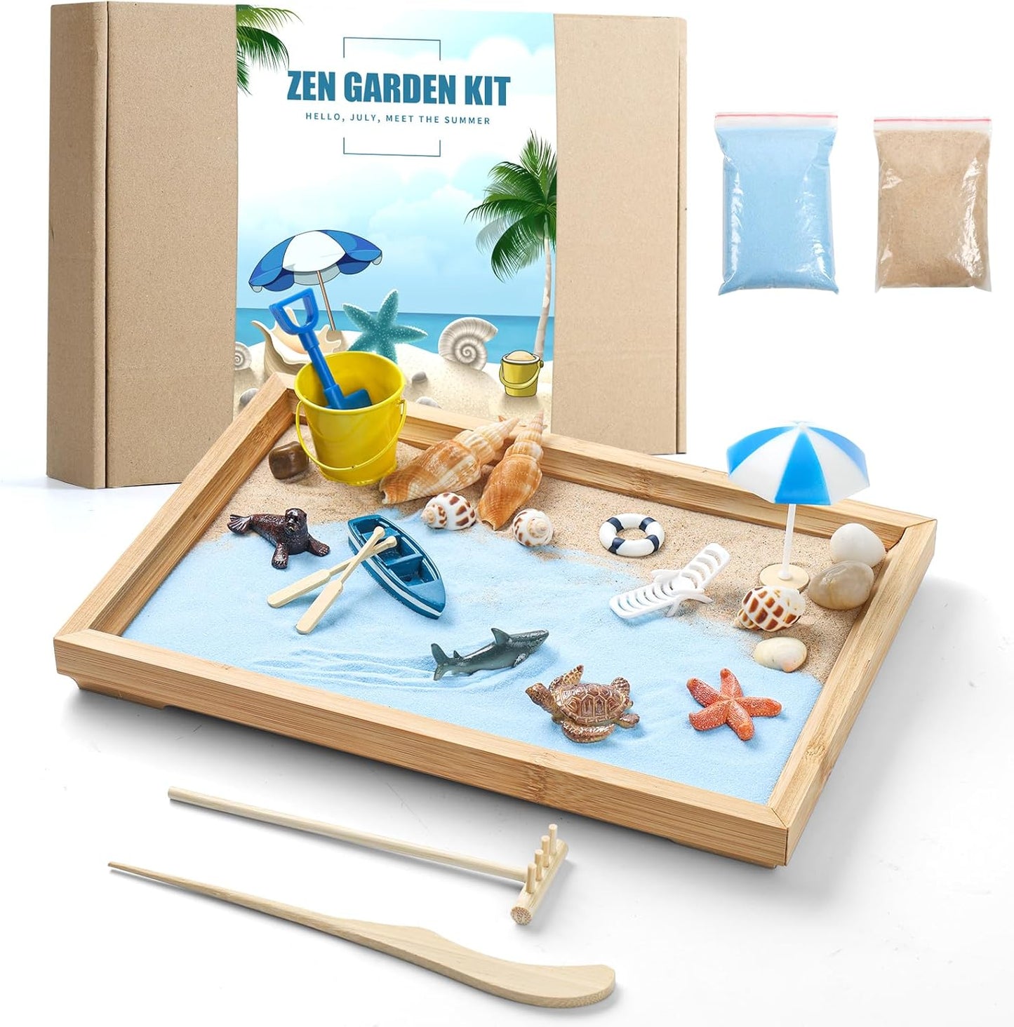 Zen Garden Kit for Desk - Premium Beautiful Japanese Mini Beach Zen Sand Garden Box Decor Set for Home, Office with Bamboo Tray, Sand, Tools, Shark, Ship - Desktop Meditation, Accessories Zen Gifts