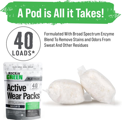 Rockin' Green Laundry Detergent Pods, Plant-based, All Natural, Vegan & Biodegradable Odor Fighter, Safe for Sensitive Skin (Unscented, Active Wear 40 Pods)