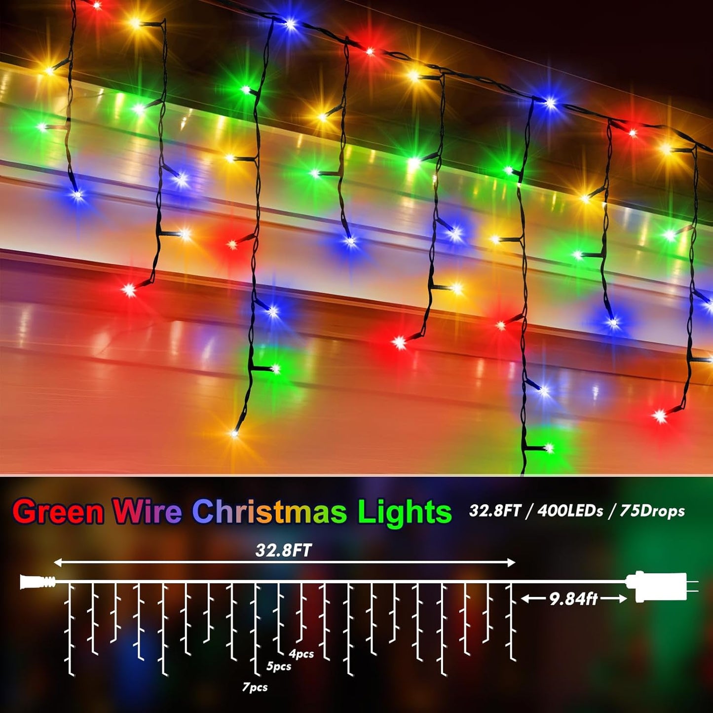 KNONEW 33FT 400 LED Christmas Lights Outdoor Black Wire String Lights with 75 Drops, 8 Lighting Modes, Timer Memory Function Connectable Hanging Curtain Lights for Halloween Party Decor(Multicolor)