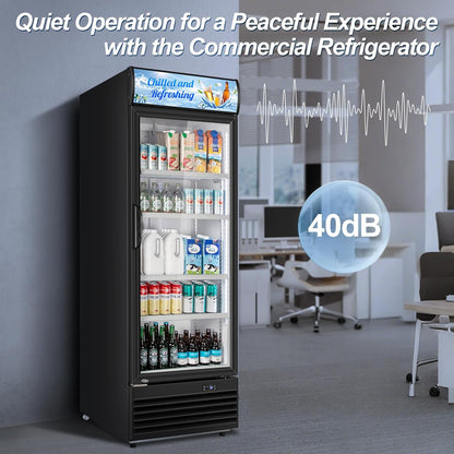 Tylza Commercial Refrigerator with Glass Door Display Beverage Fridge, 11.15 Cu Ft Upright Beverage Cooler Merchandiser with Replaceable Advertising Light Board, Rebound Door, Fast Cooling, Black