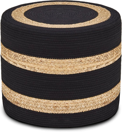 Wimarsbon 18'' Ottoman Pouf, Natural Braided Poof, Rustic Handweave Lounge Pouffe, Boho Footrest Stool for Bedroom, Accent Table or Seat for Living Room (Natural Water Hyacinth + Black Cotton Rope)