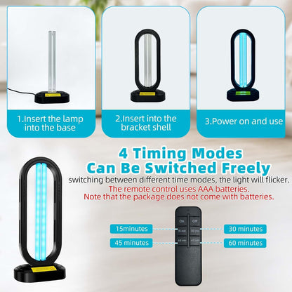 UV Light Sanitizer,4-Speed Timing and Remote Control UVC Home Disinfection Device,Portable Ultraviolet Light Sanitizer for Dust Mites,UV Lamp for Whole Room,Black