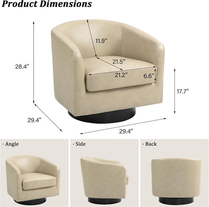 Swivel Barrel Accent Chair, Modern Round Faux Leather Arm Chair for Living Room, Bedroom, Comfy Club Reading Chairs for Adults, Faux Leather, Cream, Set of 1