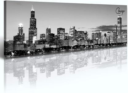 DJSYLIFE Chicago Skyline Wall Art - Black and White Modern Panoramic Cityscape Night View Picture Painting Bedroom Office Living Room Kitchen Home Decoration - Ready to Hang 13.8 "x 47.3" - Chicago 2