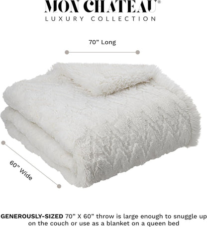 Mon Chateau Premium Reversible Queen Size Luxury Faux Fur Throw for Couch, Sofa, or Queen Size Bed - Plush Cozy Soft Blanket for Sleeping or Home Décor, 60" x 70" (Ivory Jacquard)
