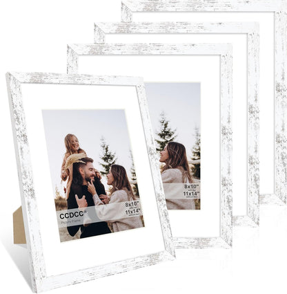 11x14 Picture Frame Set of 4, 11 x 14 Wood Photo Frames with Mat for 8x10, Rustic Natural Wooden Frame with Real Glass Cover for Wall and Tabletop Display,Distressed White