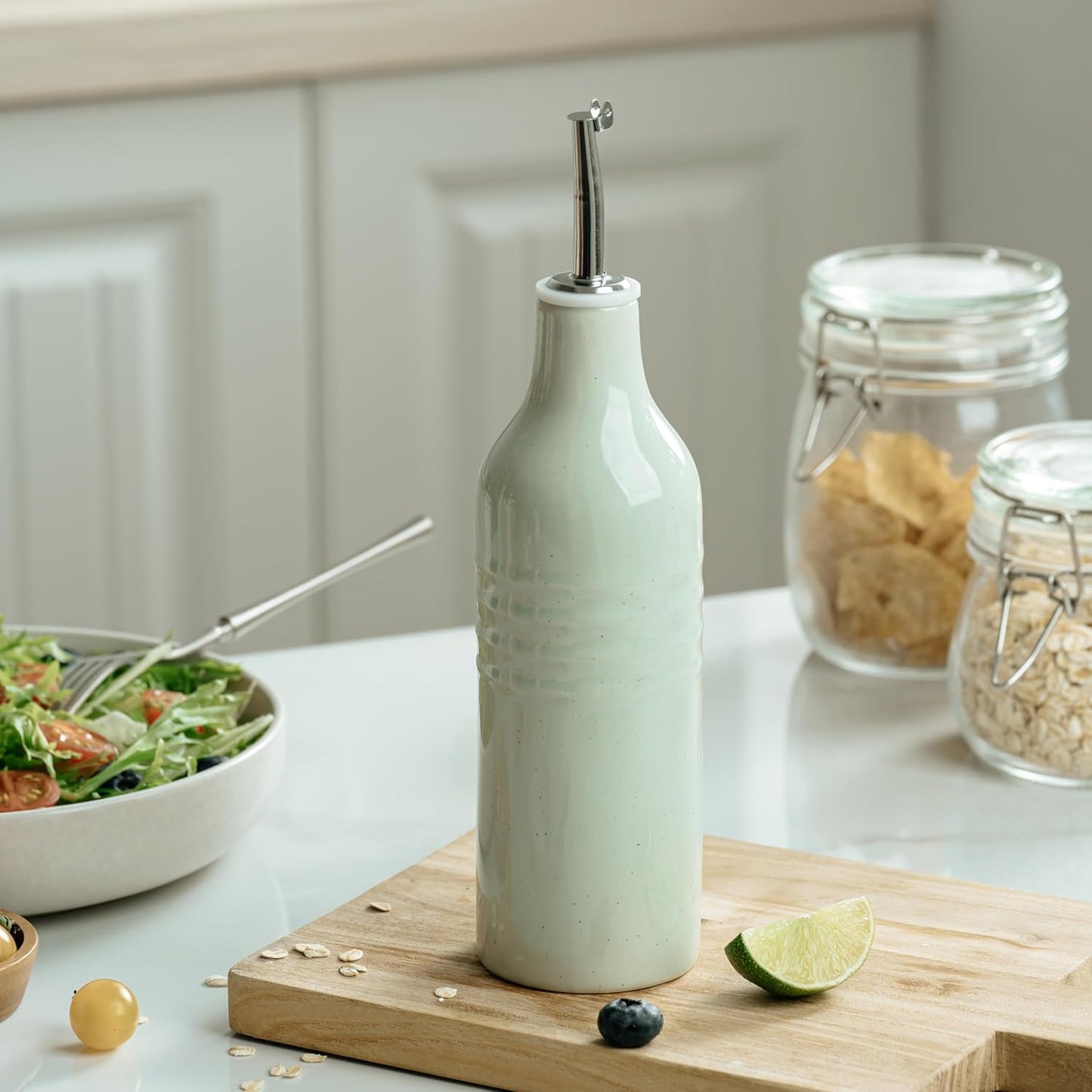 famiware Jupiter 16oz Ceramic Olive Oil Dispenser Bottle, 1 Piece Oil Dispenser for Kitchen with Stainless Steel Pourers, Suitable for Storage Vinegar, Soy Sauce, Coffee Syrup, Light Green