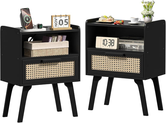 Lerliuo Rattan Nightstands Set of 2, Bedside Table with Drawer Open Shelf, Cane Accent Side End