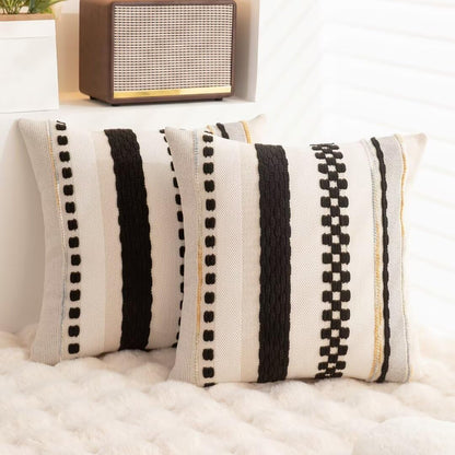 Boho Throw Pillow Covers 18x18 Set of 2 Farmhouse Decorative Cushion Case Striped Square Pillows Cover Chenille Pillow Cases Accent Neutral Pillowcase for Sofa Couch Bed,Black