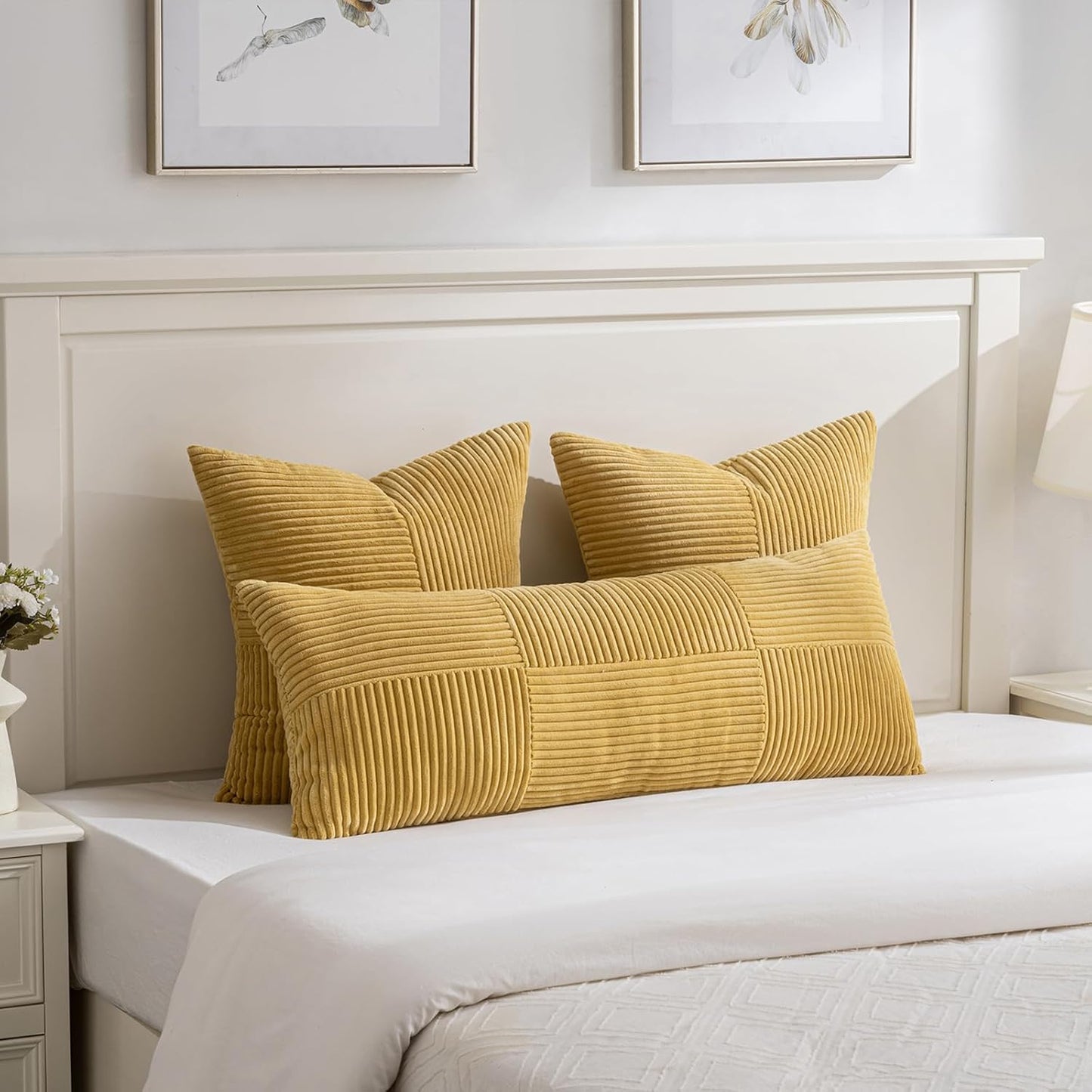 Fancy Homi 2 Packs Mustard Yellow Decorative Throw Pillow Covers 20x20 Inch for Living Room Couch Bed Sofa, Farmhouse Boho Home Decor, Soft Corss Corduroy Patchwork Accent Square Cushion Case 50x50 cm