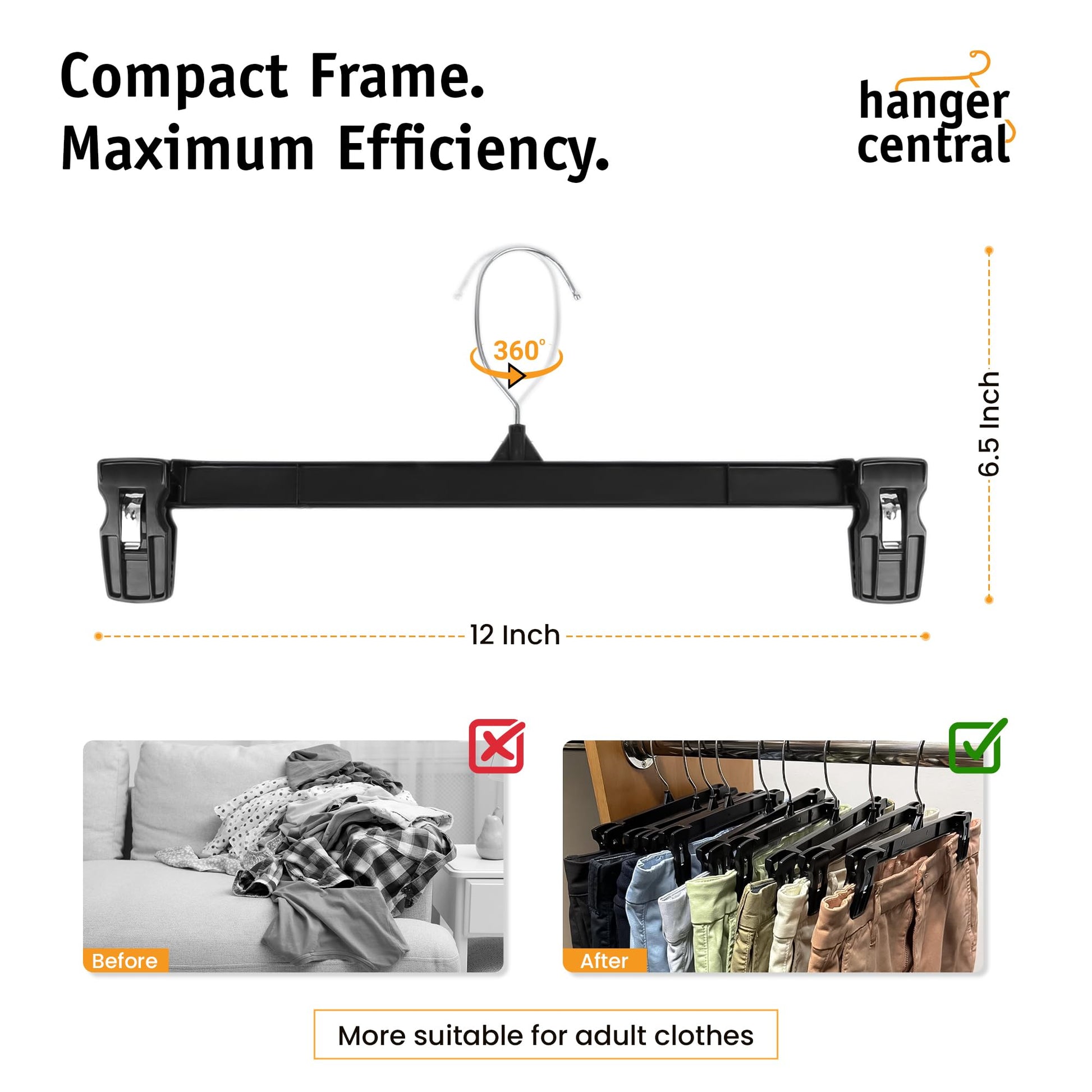 Hanger Central 12 inch 30 Pack Pants Hangers Slim Plastic Clothes Hangers with Clips for Skirts