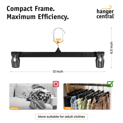 Hanger Central 12 inch 30 Pack Pants Hangers Slim Plastic Clothes Hangers with Clips for Skirts