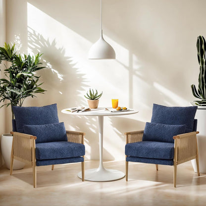 VINGLI Boho Braid Accent Armchairs Set of 2,Mid-Century Modern Chiars with Solid Wooden Armrest,Comfy Louge Cushion Chairs with Waist Pillow for Bedroom,Living Room,Reading Room, Blue