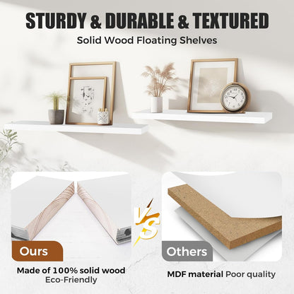 Floating Wall Shelves 4-Pack - Rustic White 16-inch Wooden Wall Shelves for Storage and Décor, Multi-Functional and Easy to Install for Living Room, Bedroom, and Kitchen