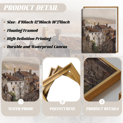 Floating Framed Vintage Canvas Wall Art, European Country Towns Wall Decor Oil Paintings Artwork, Rustic Farmhouse Posters Prints Pictures for Living Room Hallway Bedroom 12x16 inch