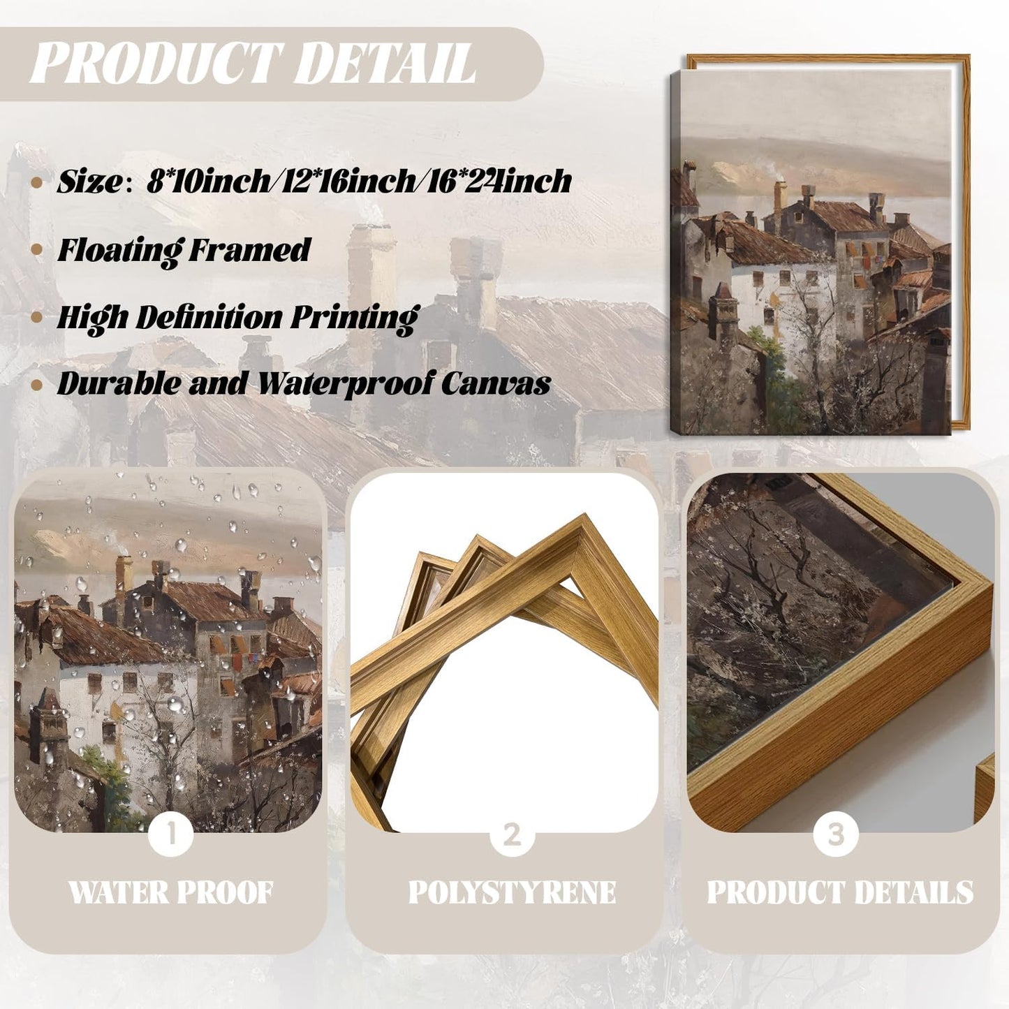 Floating Framed Vintage Canvas Wall Art, European Country Towns Wall Decor Oil Paintings Artwork, Rustic Farmhouse Posters Prints Pictures for Living Room Hallway Bedroom 16x24 inch