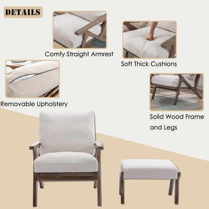 chairus 2 Sets Mid-Century Modern Accent Chairs with Ottoman, Linen Fabric Armchair with Wood Legs Comfy Upholstered Single Sofa Chair for Living Room/Bedroom/Lounge, White