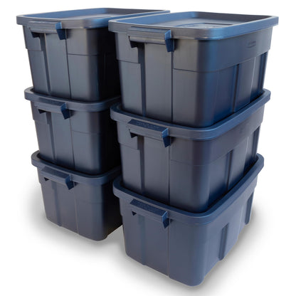 Rubbermaid Roughneck Tote 14 Gal, 6 Pack, Made in USA, Dark Indigo Metallic, Rugged Plastic