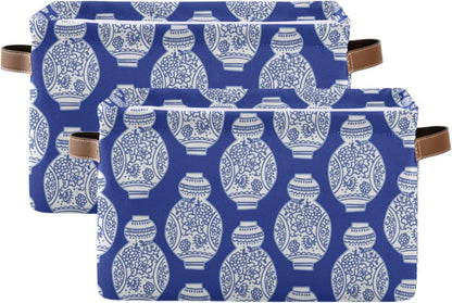 susiyo Storage Baskets for Shelves Organizer Baskets with Metal Frame Closet Storage Bins Fabric Bins Cubes with PU Handles for Organizing Shelf Nursery Toys 2 PACK,Blue Chinoiserie Vases